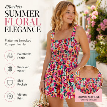 🏝️LAST DAY SALE 50% OFF💃Women's Summer Square Neck Sleeveless Loose Casual Short Smocked Romper